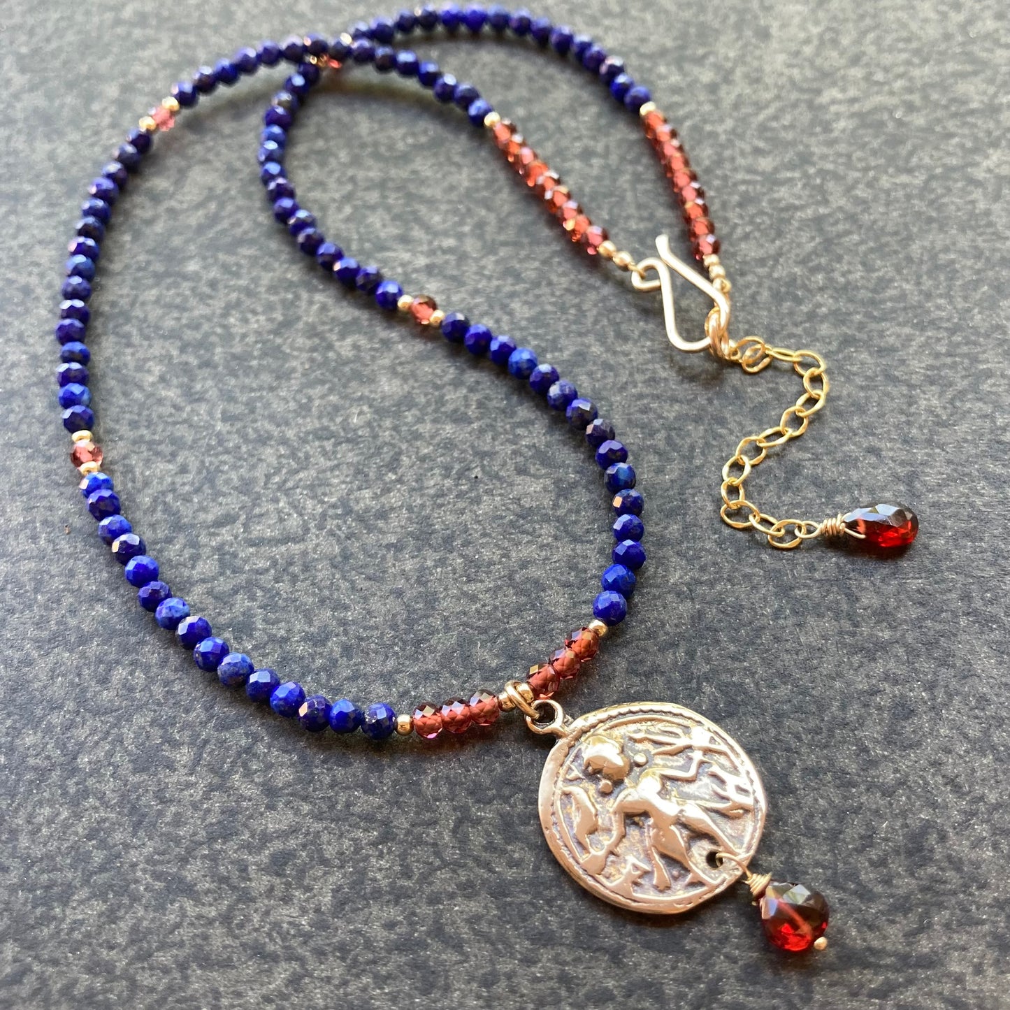 Lapis, Mozambique Garnet, Gold & Bronze Durga Warrior Goddess Necklace