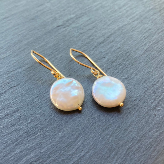 Freshwater Coin Pearl & Gold Earrings
