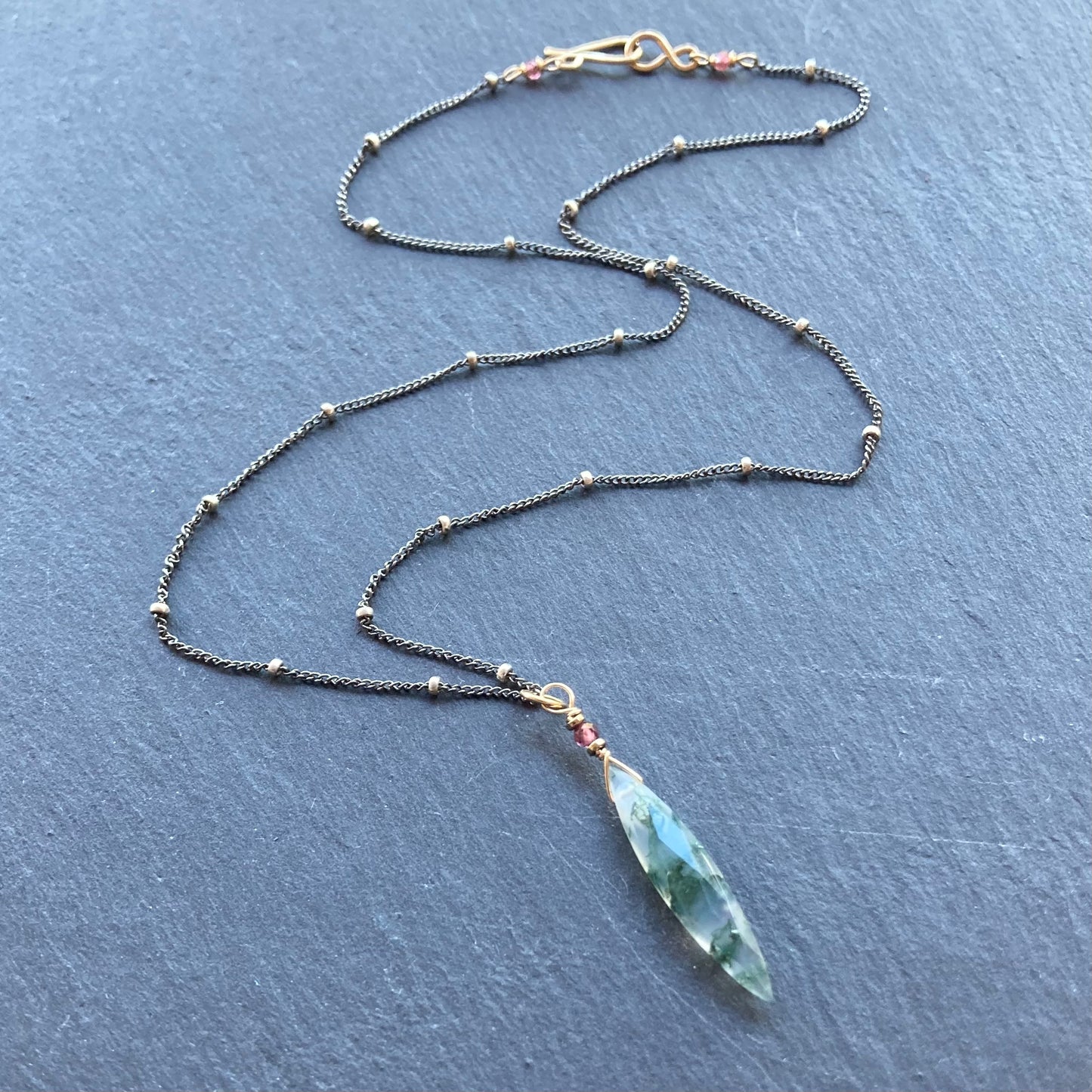 Moss Agate & Mixed Metal Marquis Pendant Necklace