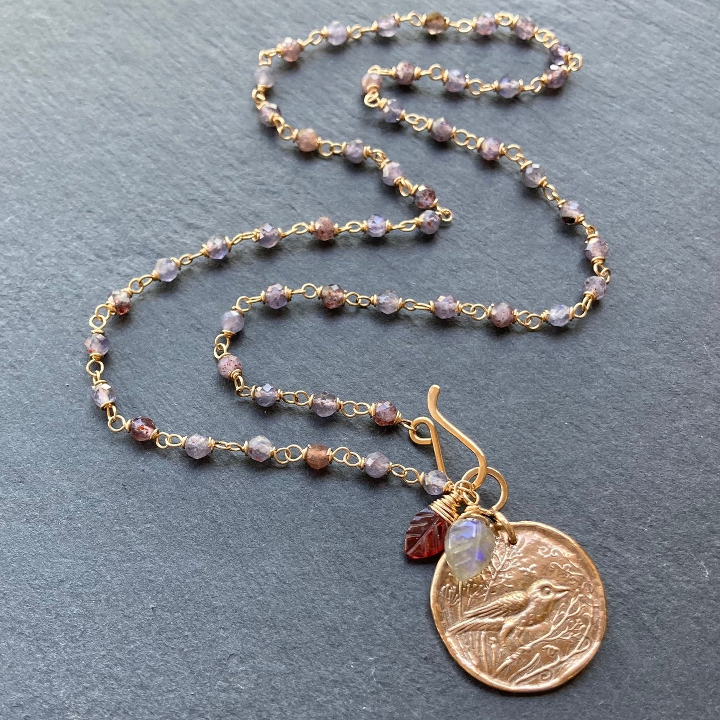 Iolite Sunstone, Gold & Bronze Scrub Jay Pendant Necklace