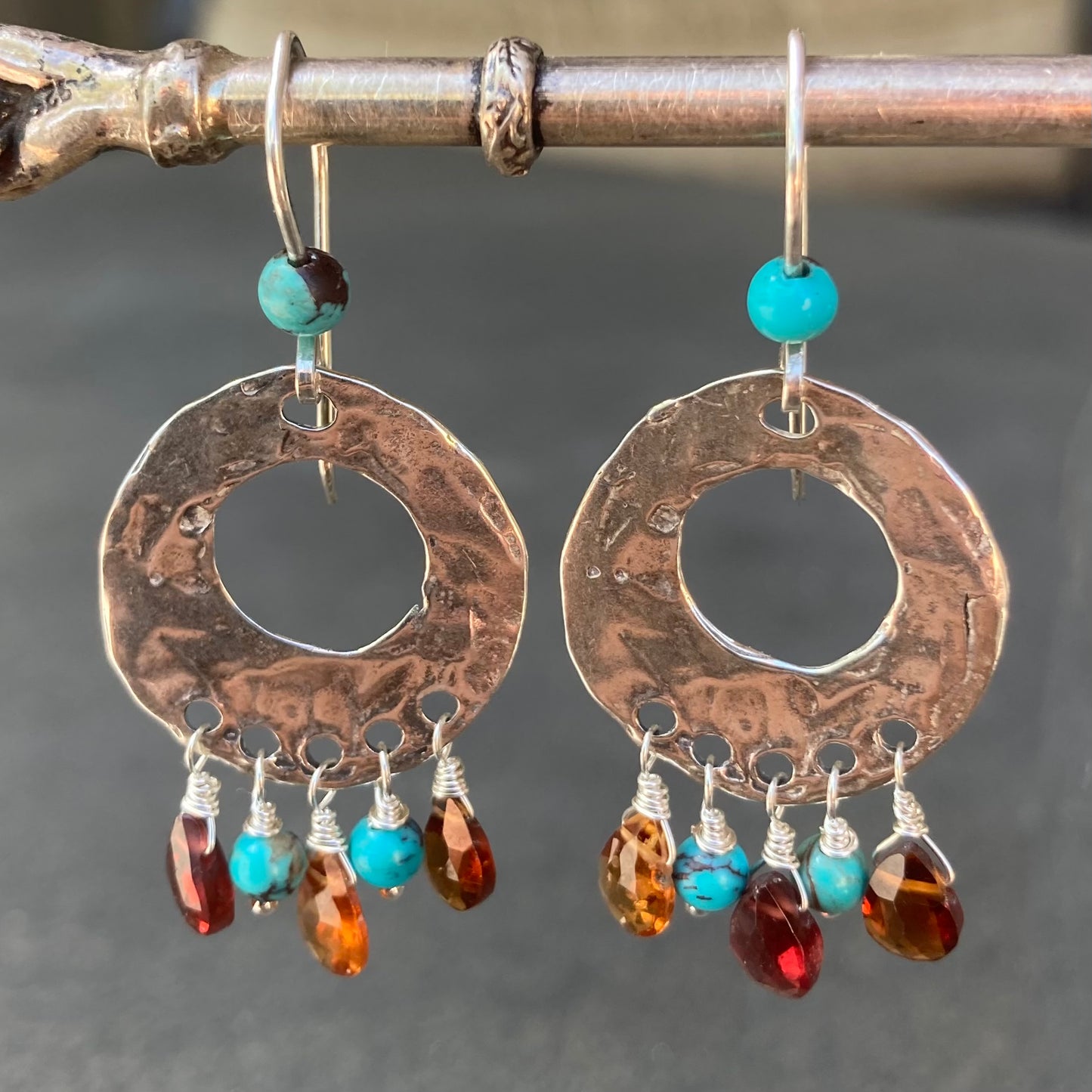 Turquoise, Tundra Sapphire & Sterling Silver Fringe Hoops