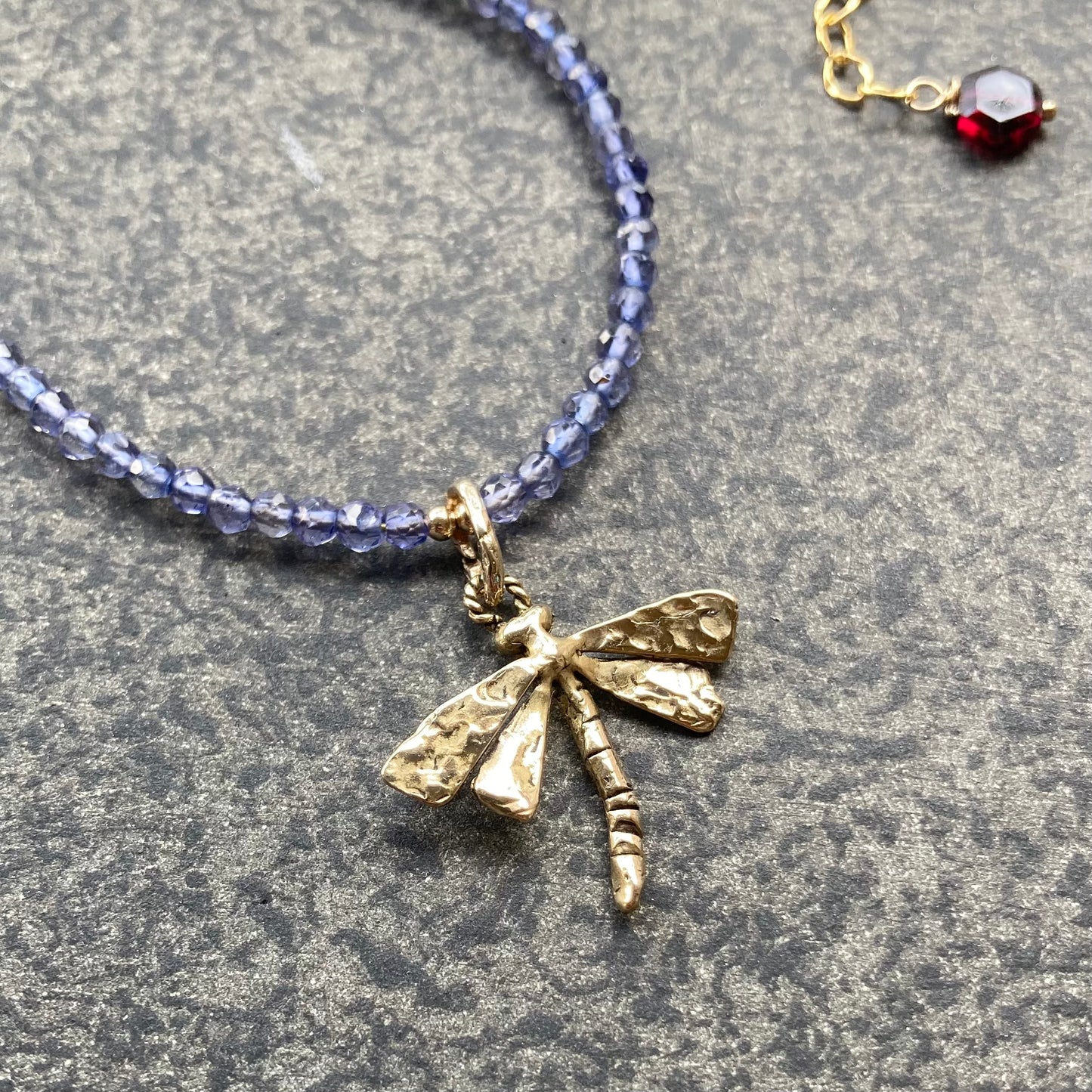 Iolite, Rhodolite Garnet & Bronze Dragonfly Pendant Choker