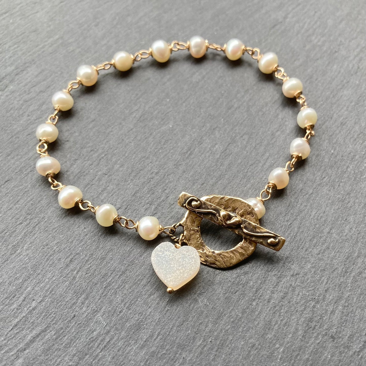 Freshwater Pearl, Gold & Bronze Heart Toggle Bracelet