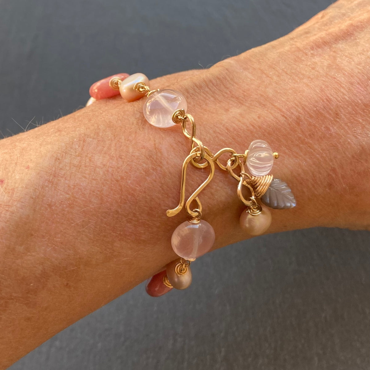 Rhodochrosite, Rose Quartz, Pearl & Gold Bracelet