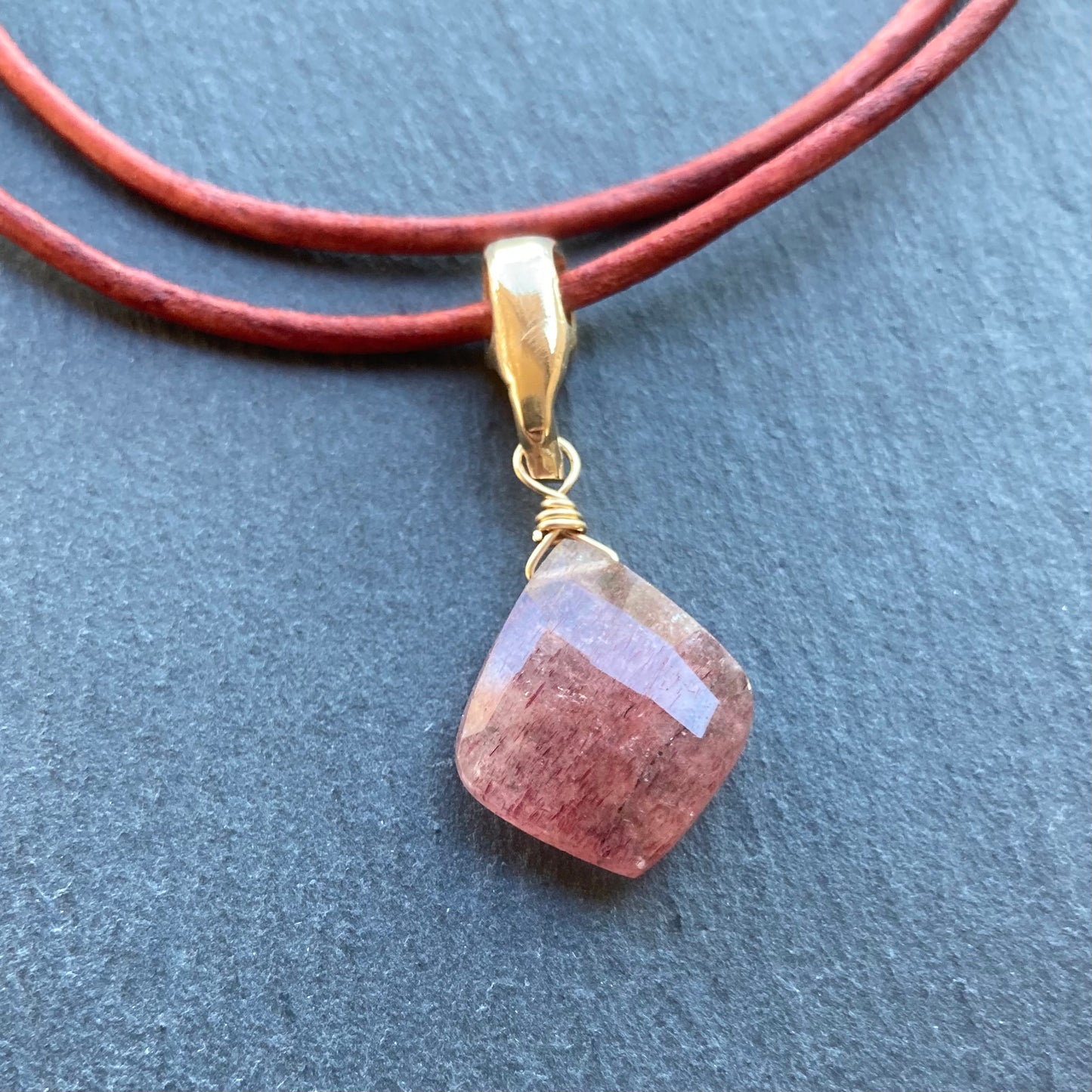 Strawberry Quartz & Bronze Leather Choker