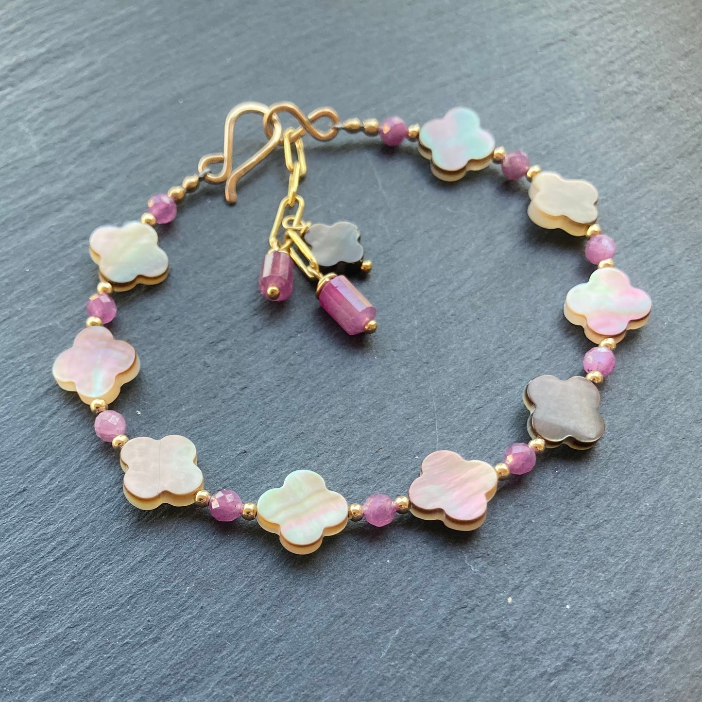 Black Mother of Pearl, Ruby & Gold Bracelet