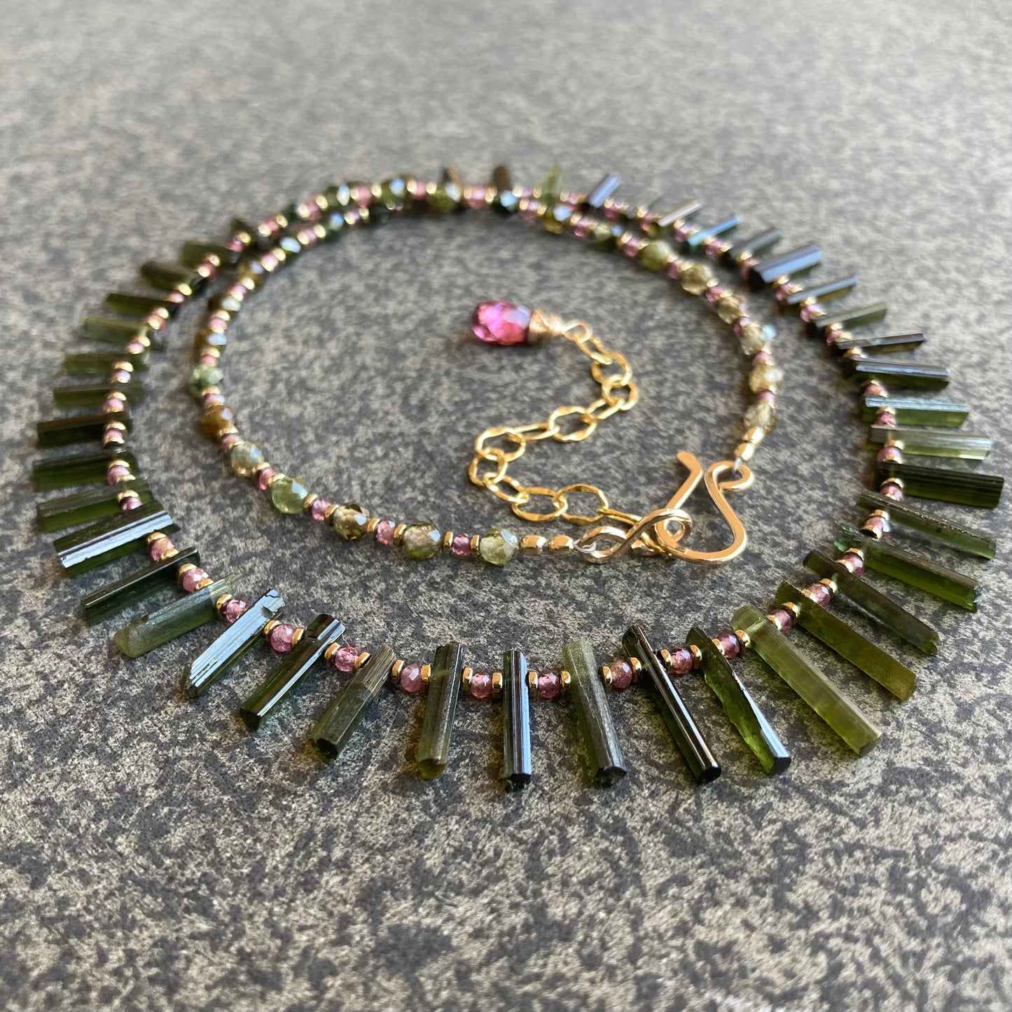 Raw Green Tourmaline, Rhodolite Garnet & Pyrite Choker