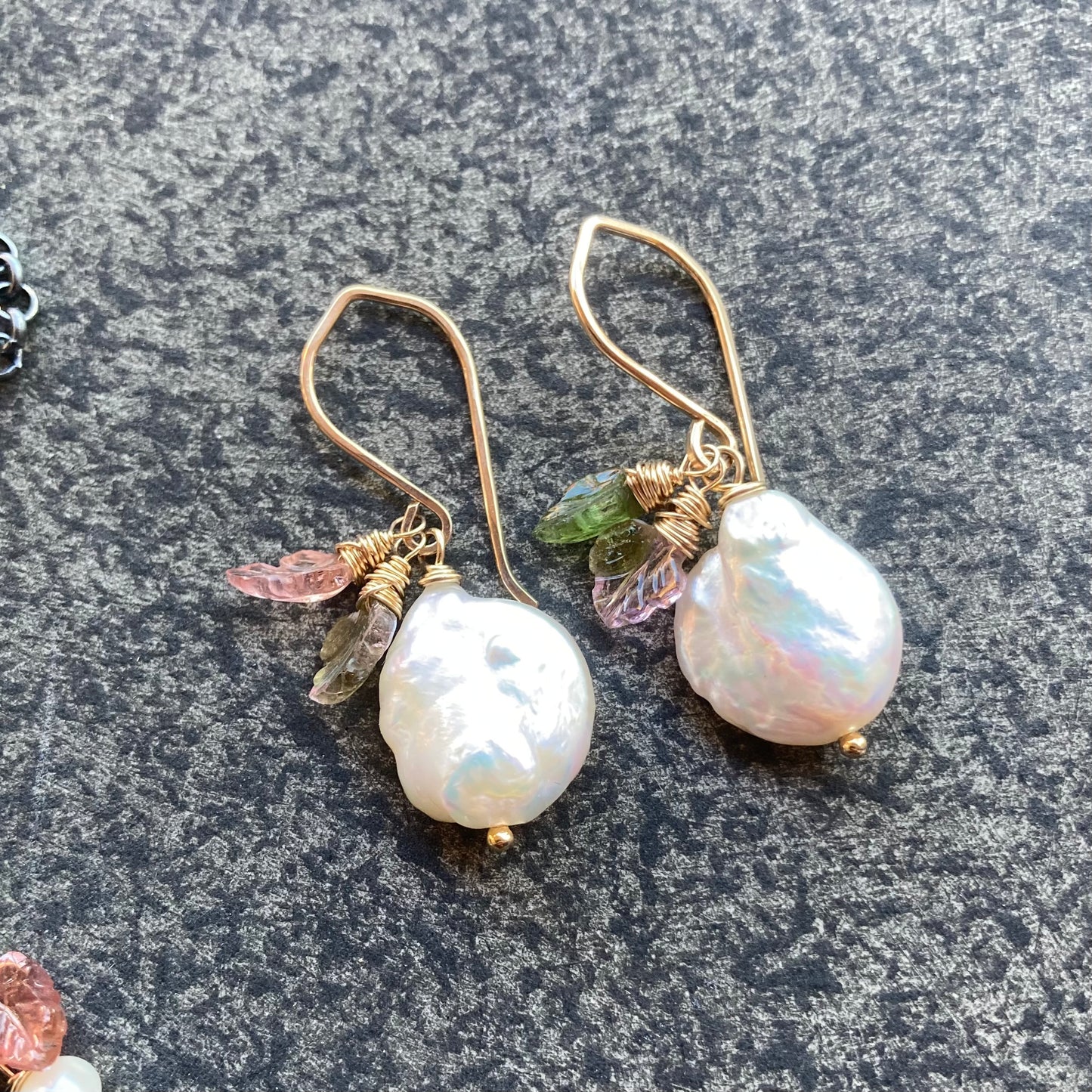 Watermelon Tourmaline Freshwater Coin Pearl & Gold Leaf Earrings