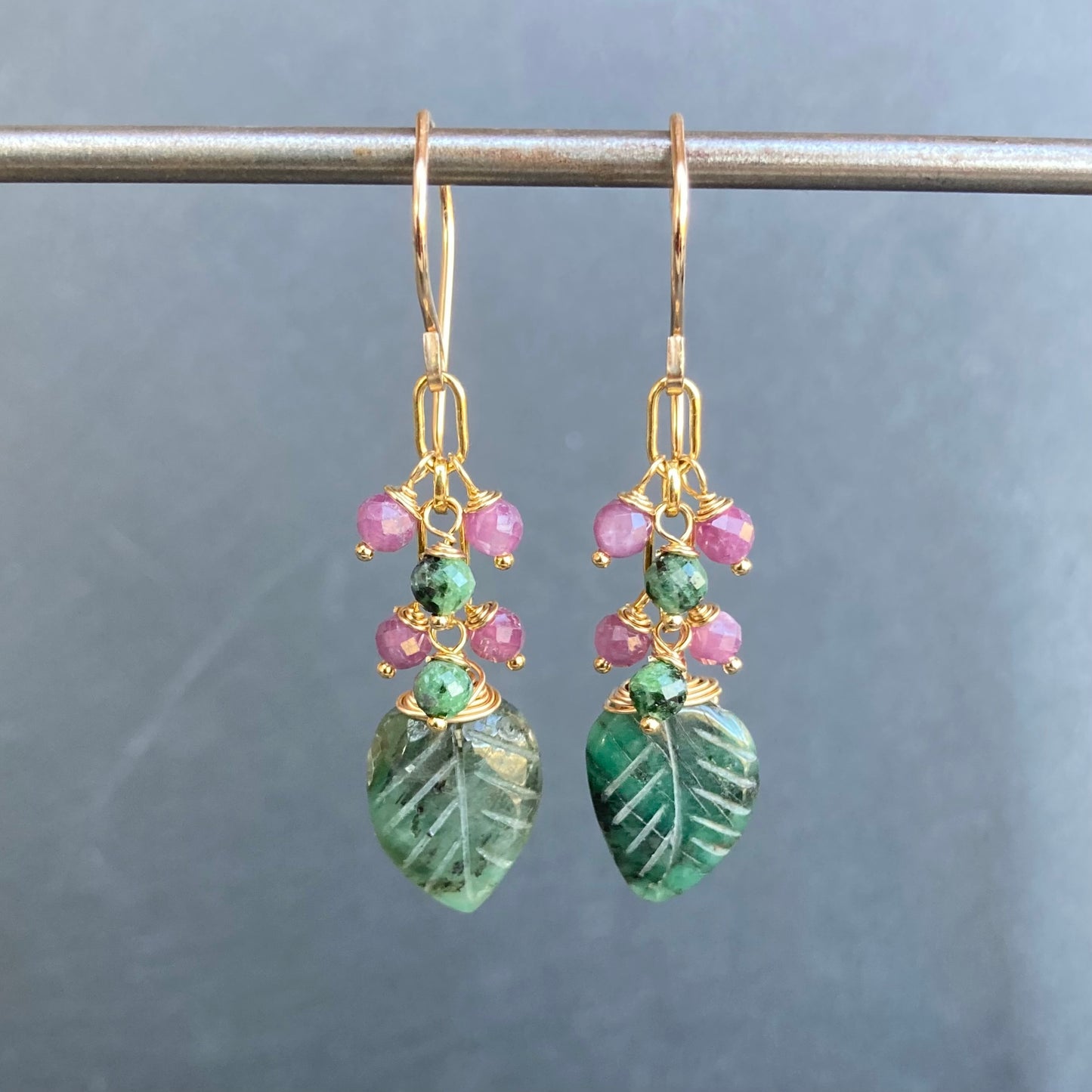 Emerald, Ruby Zoisite & Gold Earrings
