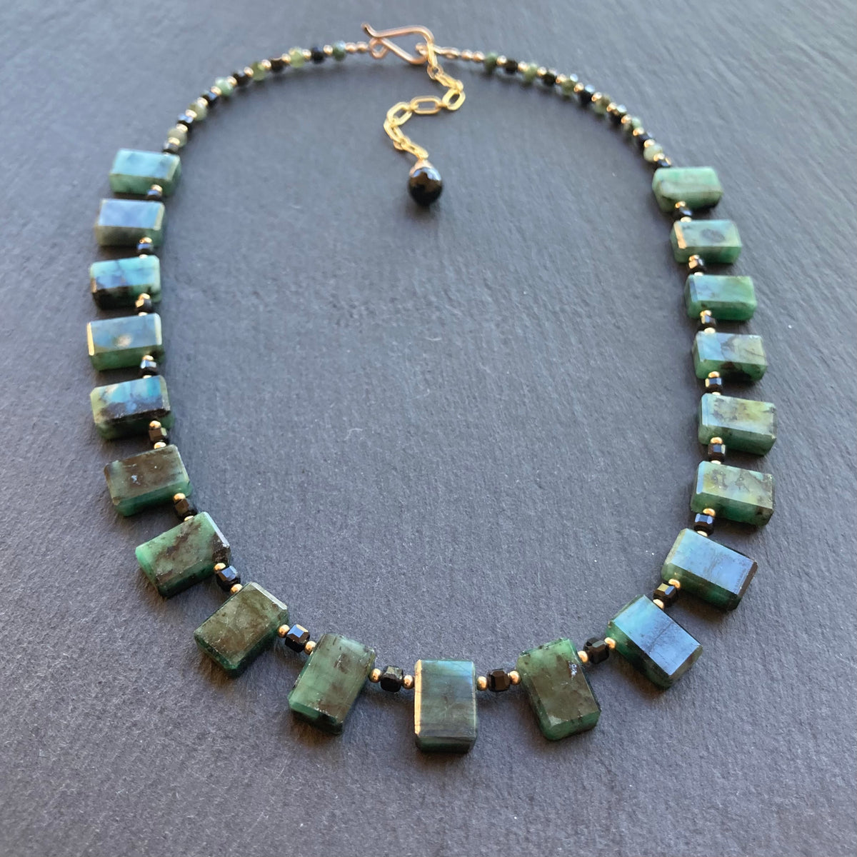 Natural Emerald, Black Tourmaline & Gold Collar