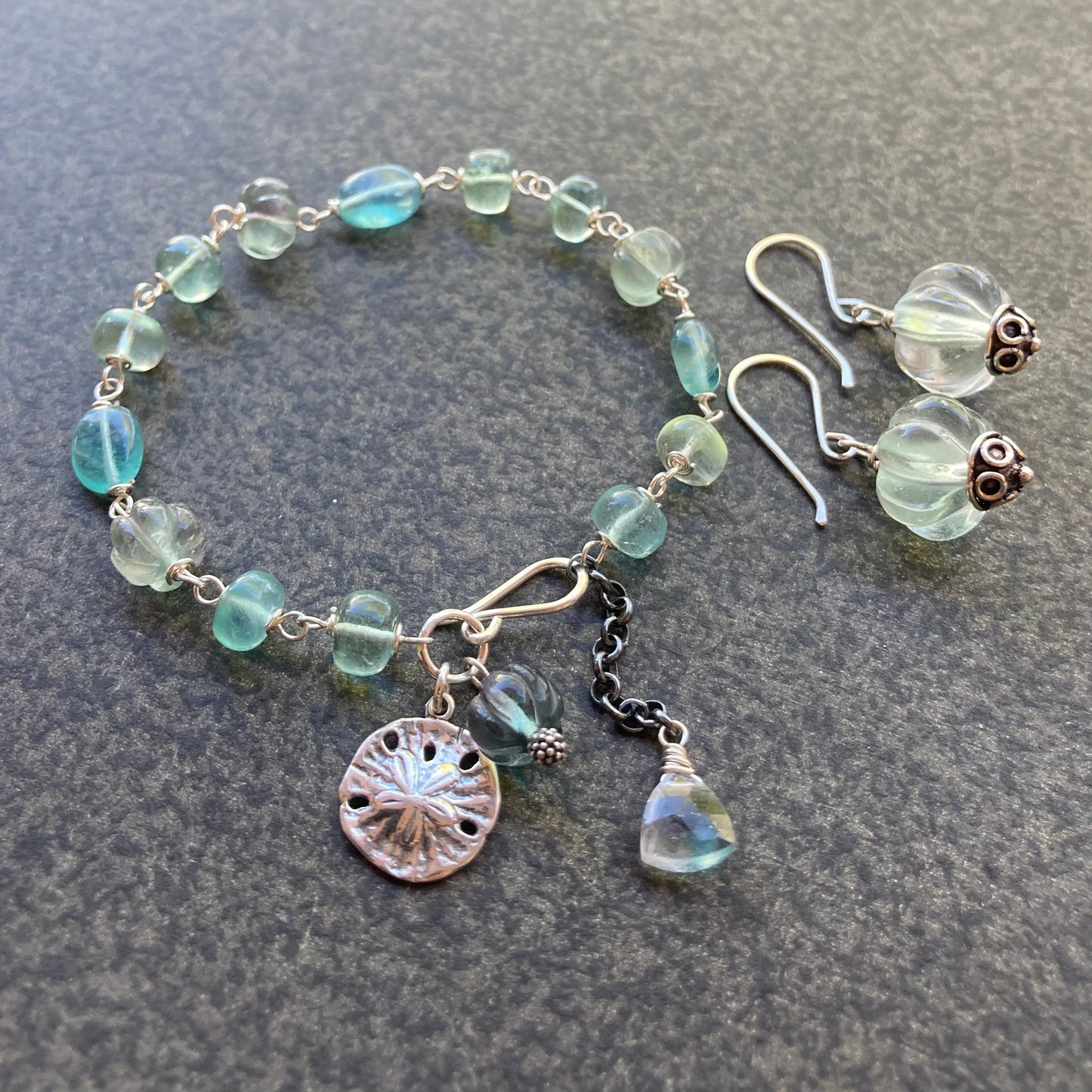 Green Fluorite & Sterling Silver Sand Dollar Charm Bracelet