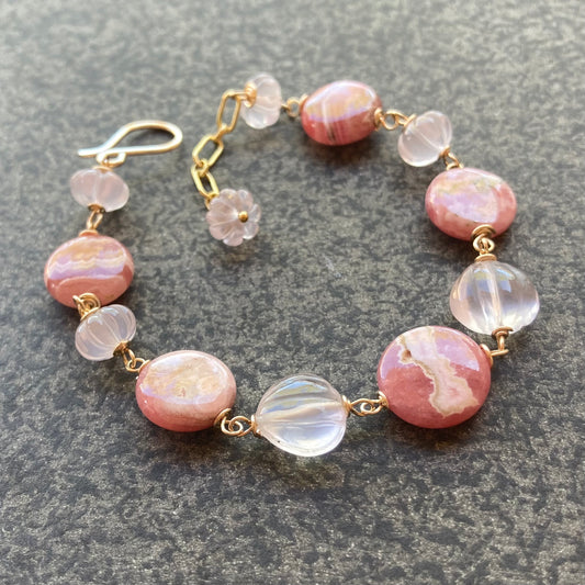 Rhodochrosite, Rose Quartz & Gold Sunrise Bracelet