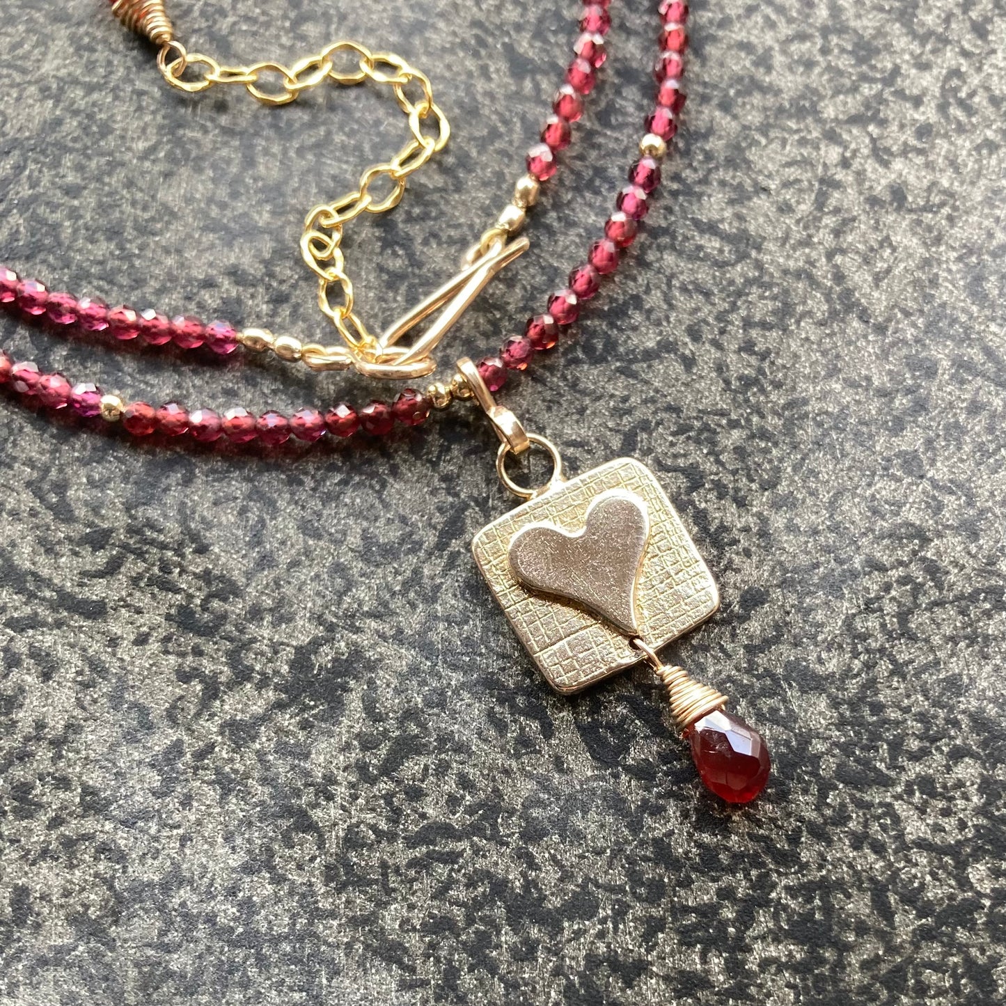 Mozambique Garnet, Gold & Bronze Heart Pendant Choker