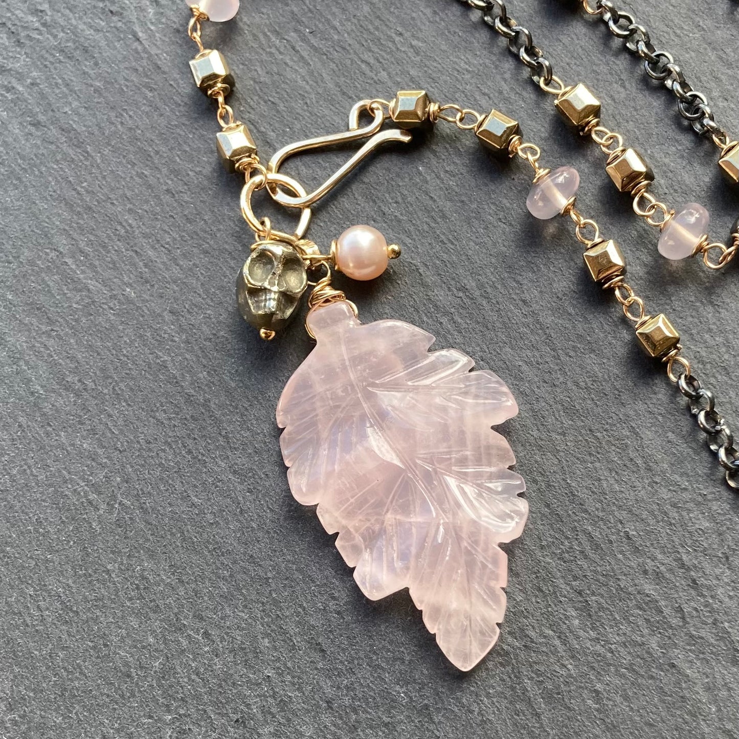 Rose Quartz, Pyrite & Mixed Metal Calavera Talisman Necklace