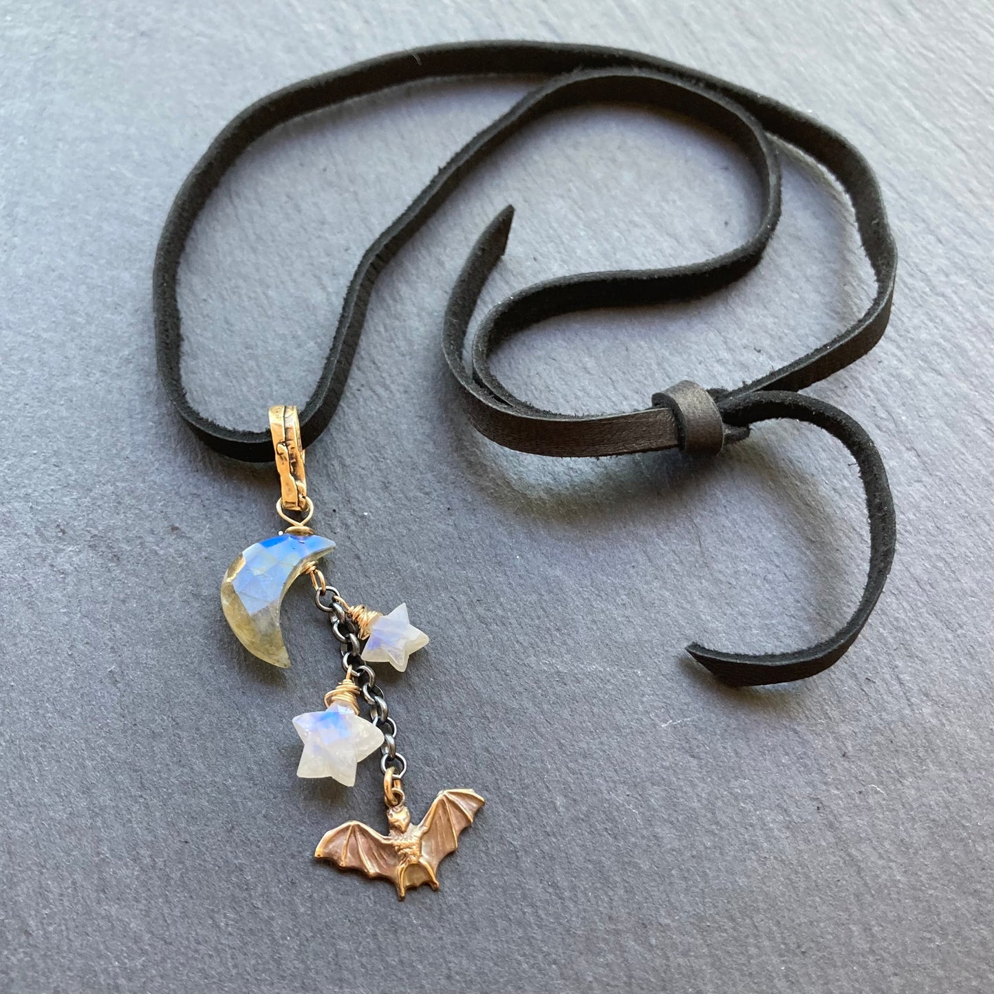 Labradorite, Rainbow Moonstone & Mixed Metal Bat Moon Deerskin Leather Choker
