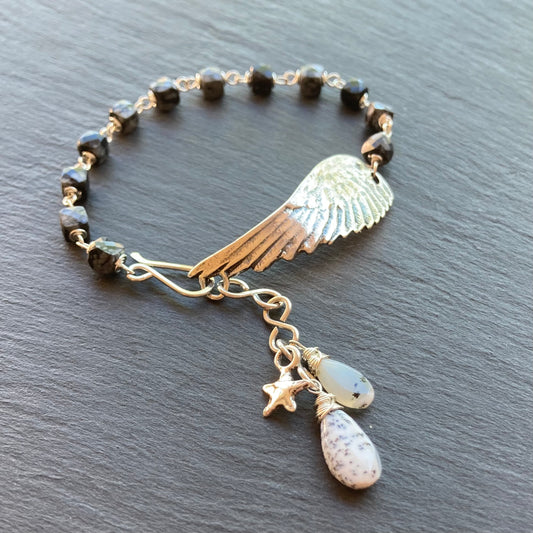 Snowflake Obsidian, Dendritic Opal & Sterling Silver Winged Goddess Bracelet