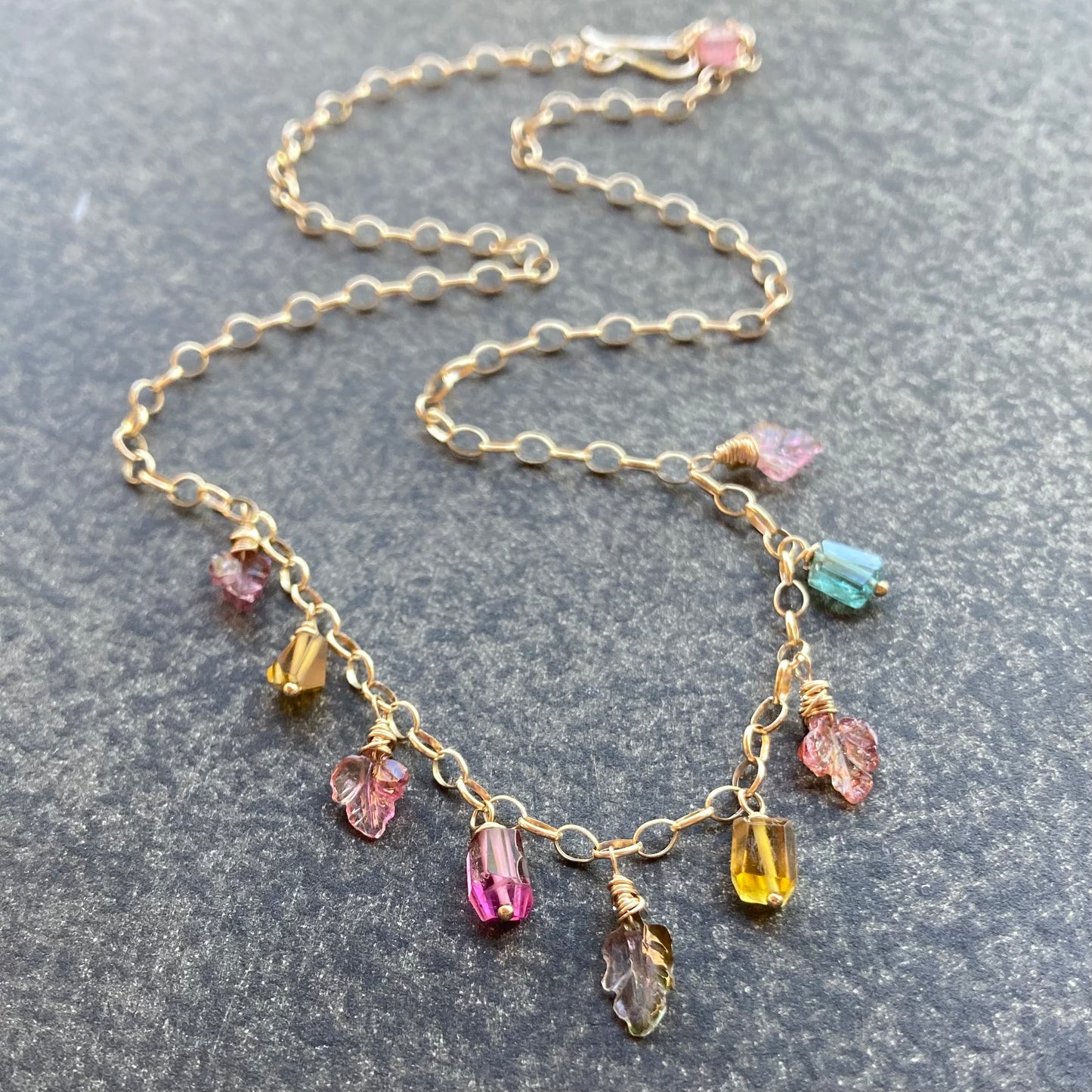 Multicolor Tourmaline & Gold Leaf Charm Choker