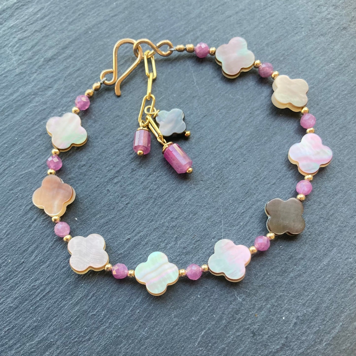 Black Mother of Pearl, Ruby & Gold Bracelet