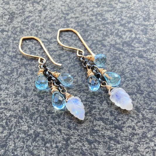 Blue Topaz, Rainbow Moonstone Leaf & Mixed Metal Cascade Earrings