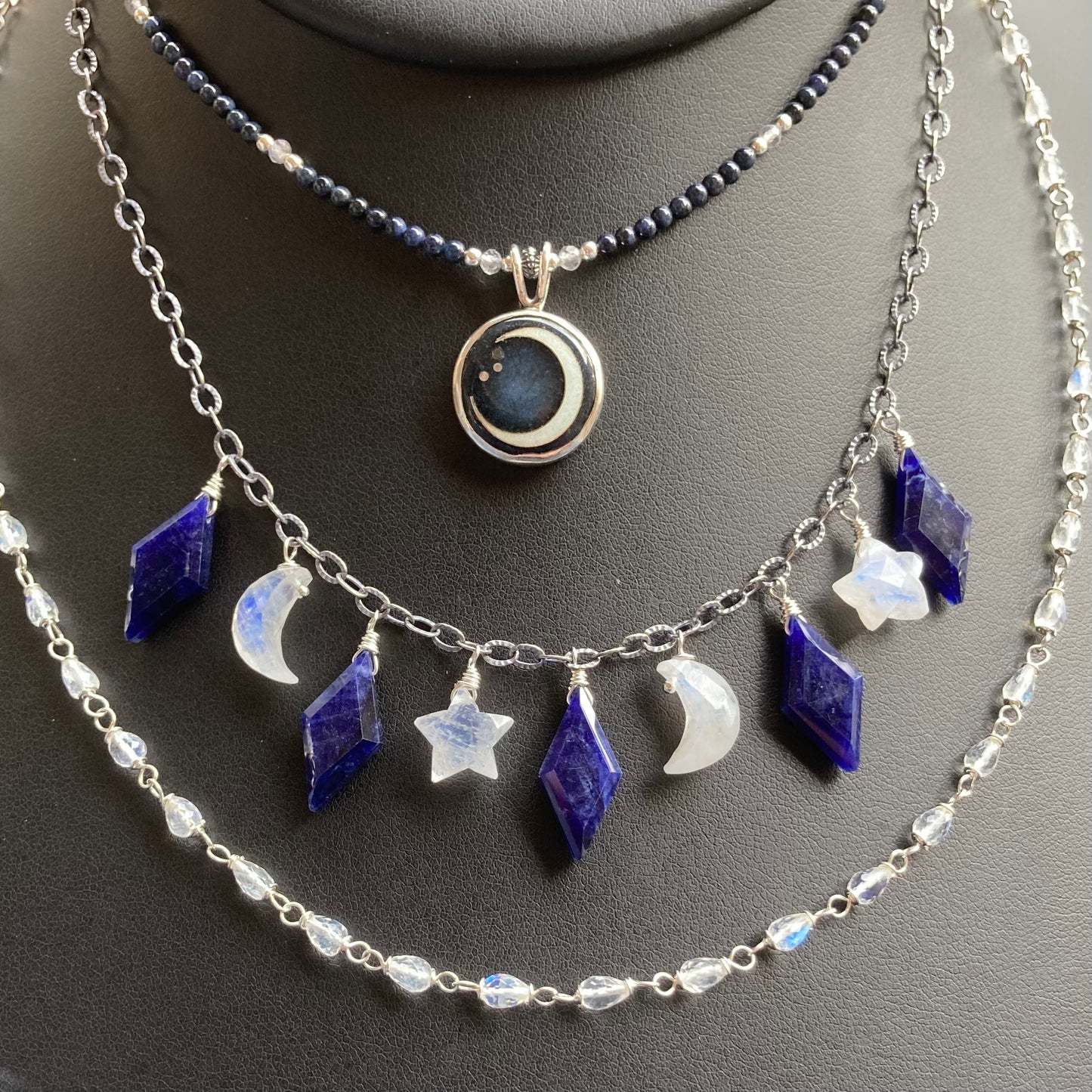Rainbow Moonstone, Sodalite & Sterling Silver Alternate Universe Charm Choker
