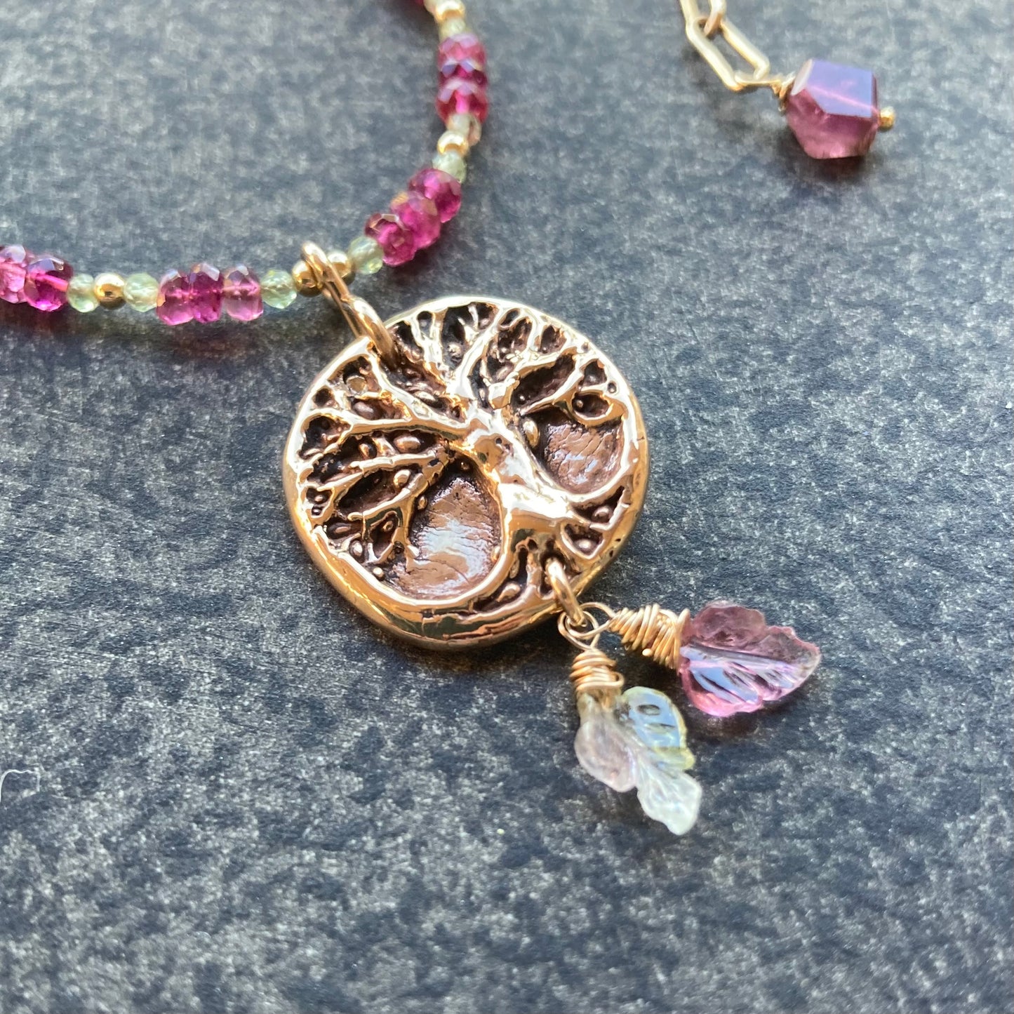 Rubelite Tourmaline, Peridot, Gold & Bronze Tree of Life Pendant Necklace