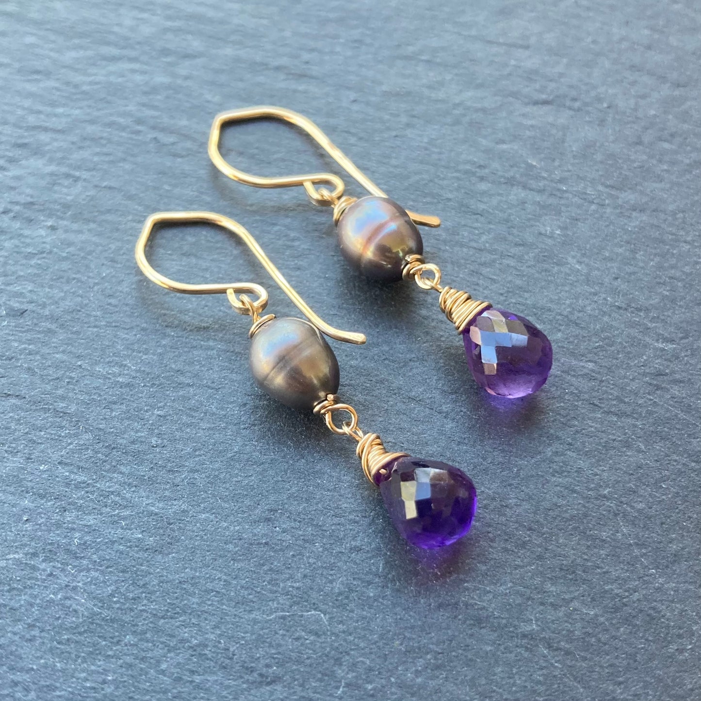 Amethyst, Peacock Pearl & Gold Earrings