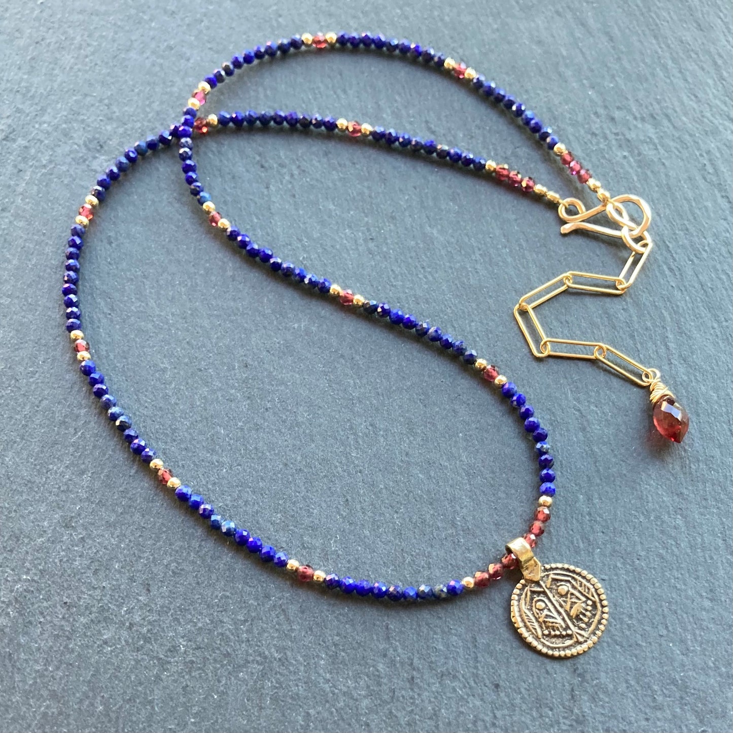 Lapis, Mozambique Garnet, Gold & Bronze Buddha Feet Pendant Choker