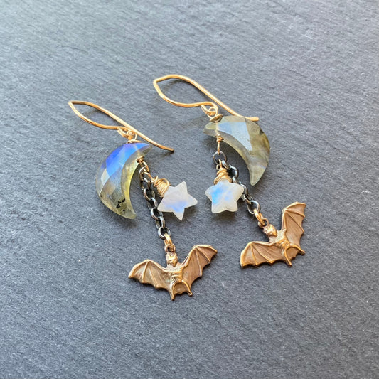 Custom Labradorite, Rainbow Moonstone & Mixed Metal Bat Moon Earrings