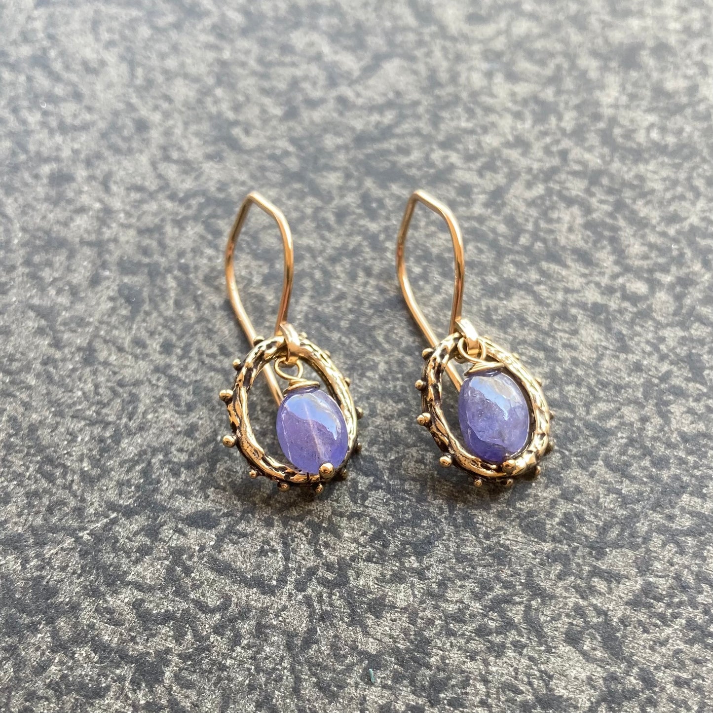 Tanzanite, Gold & Bronze Granulated Hoops