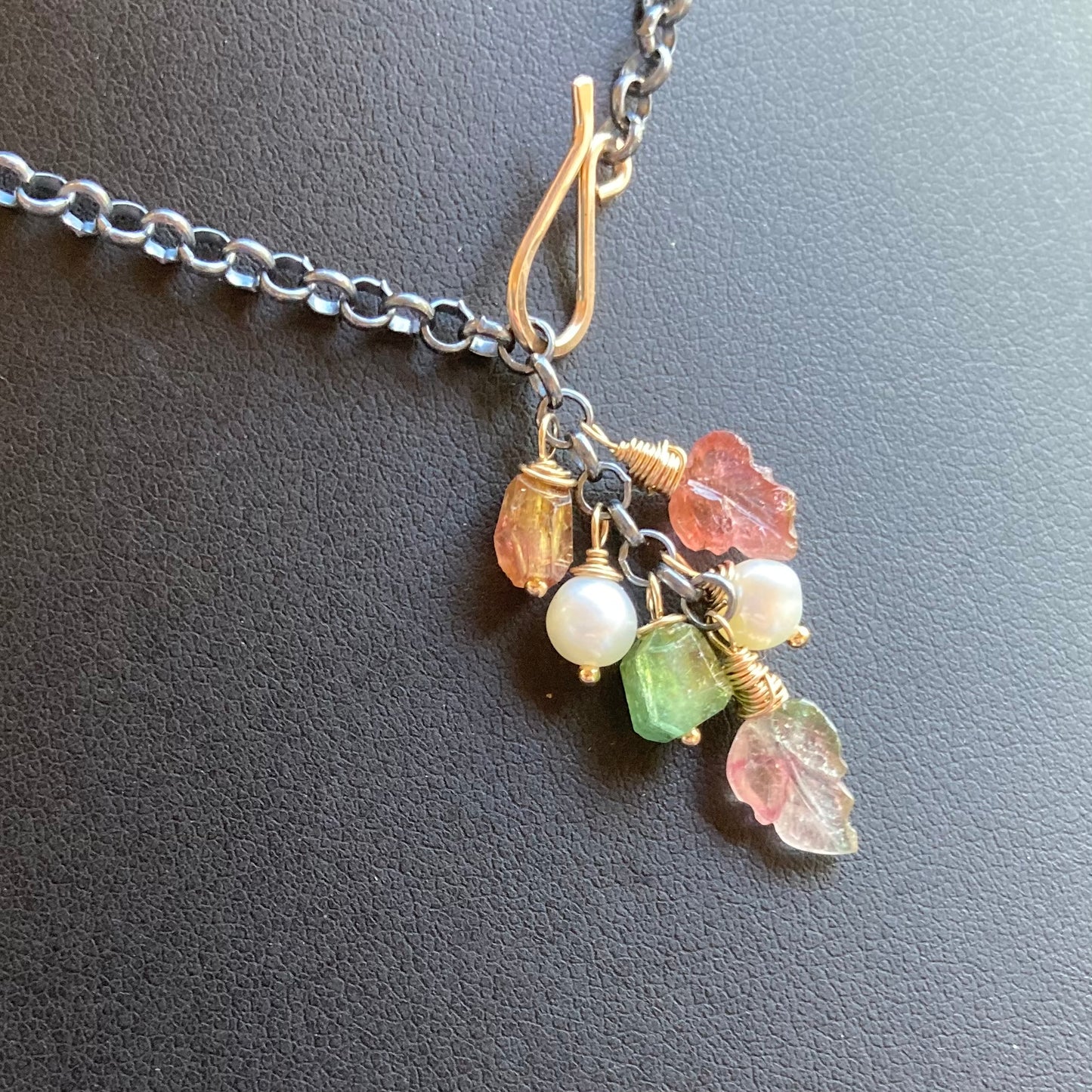 Watermelon Tourmaline, Freshwater Pearl & Mixed Metal Leaf Lariat Necklace