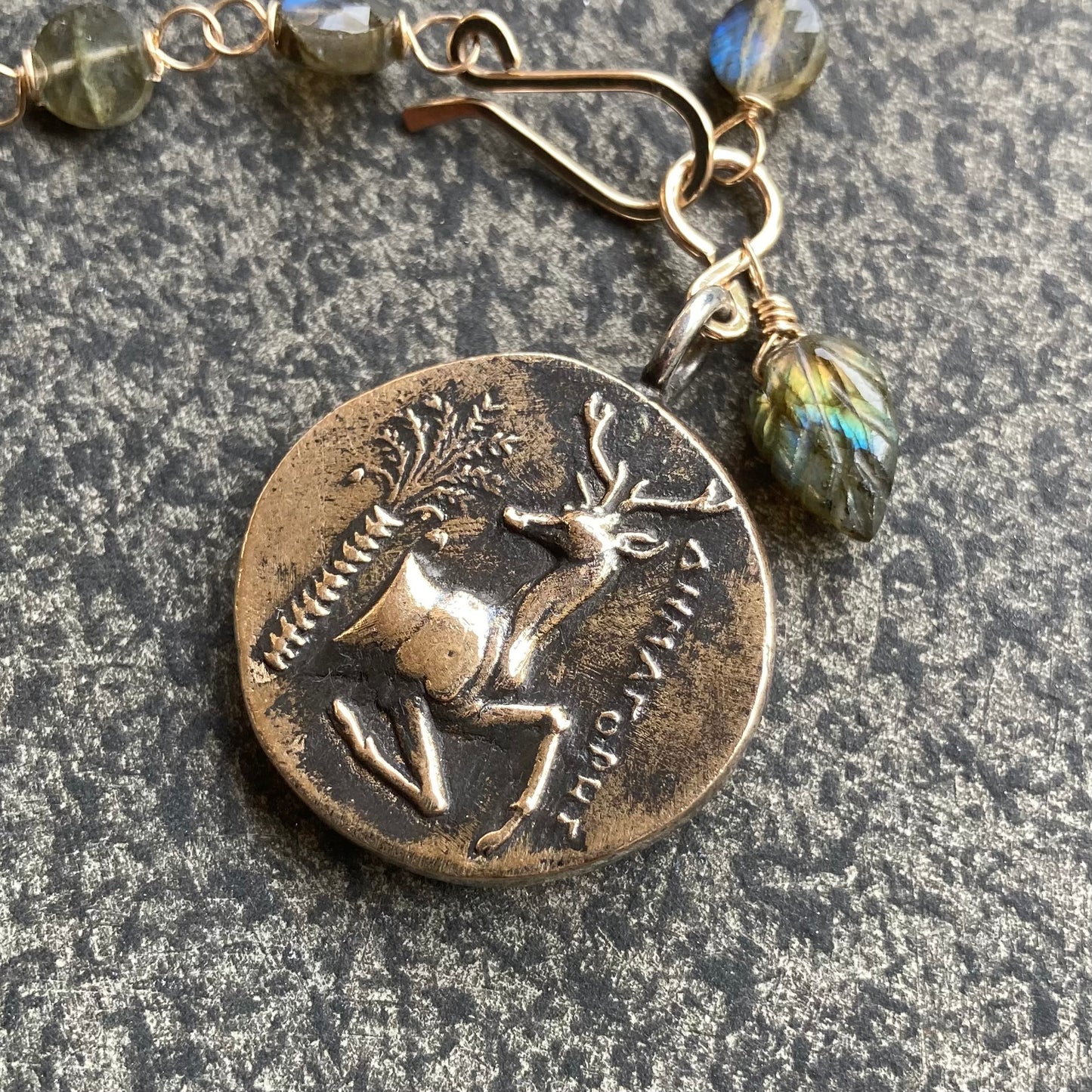 Labradorite & Mixed Metal Sacred Deer & Bee of Artemis Coin Choker