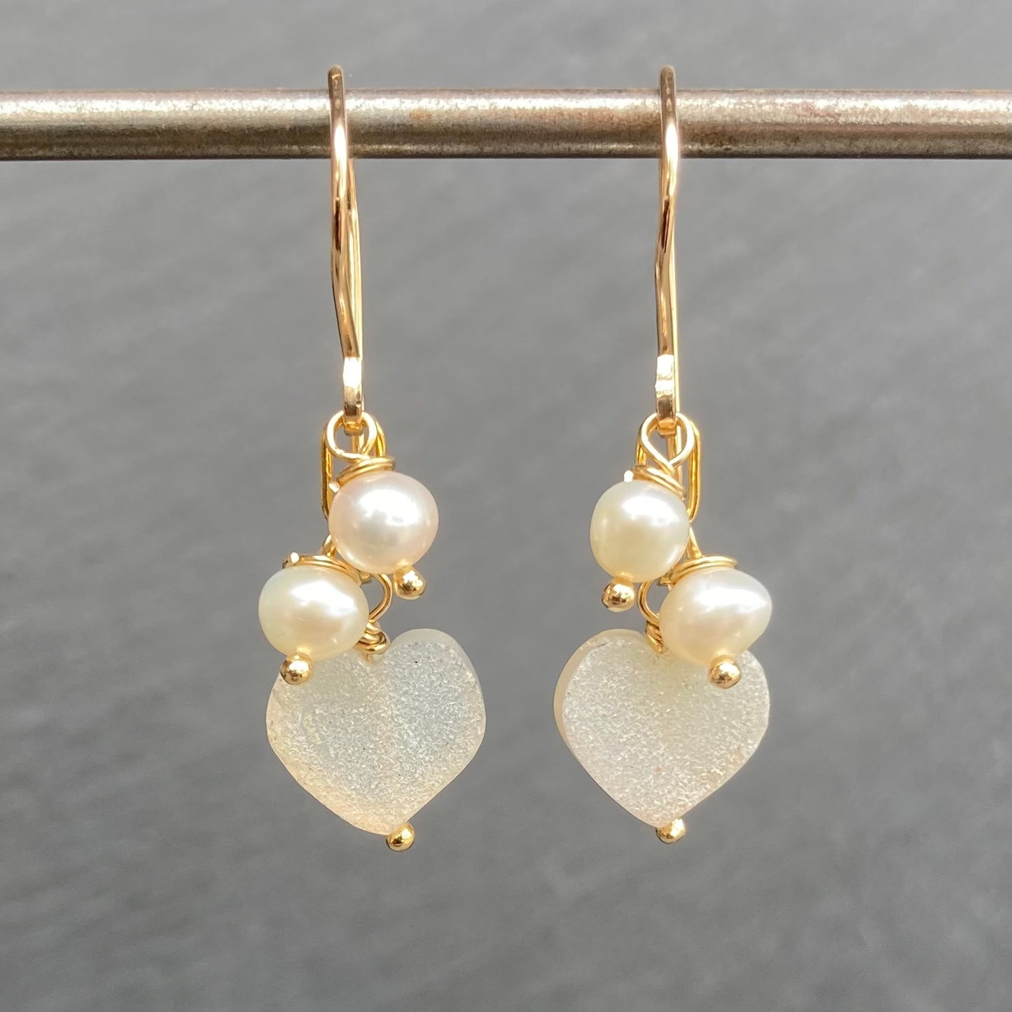 Freshwater Pearl, Druzy Heart & Gold Earrings