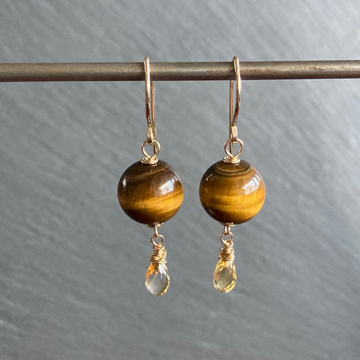Tiger’s Eye, Citrine & Gold Earrings