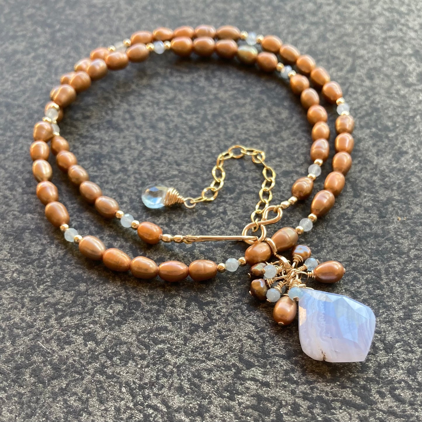 Blue Lace Agate, Copper Pearl & Aquamarine Pendant Necklace