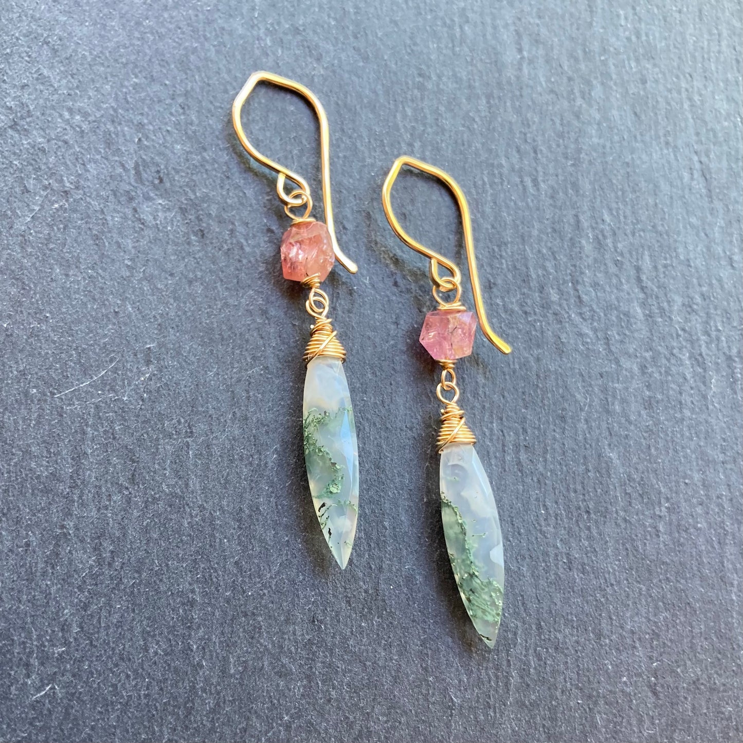 Moss Agate, Pink Tourmaline & Gold Marquis Earrings