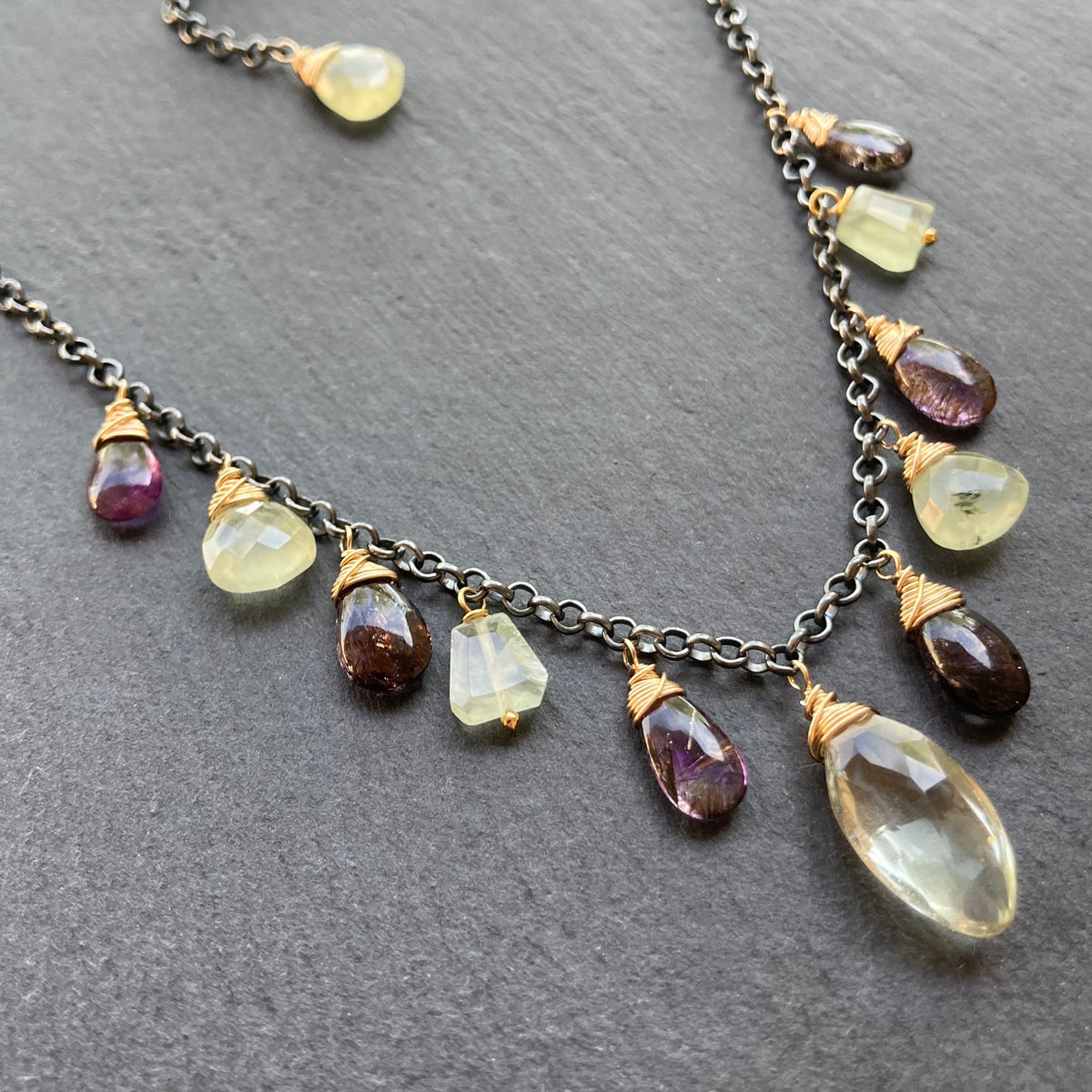 Moss Amethyst, Prehnite & Mixed Metal Charm Choker