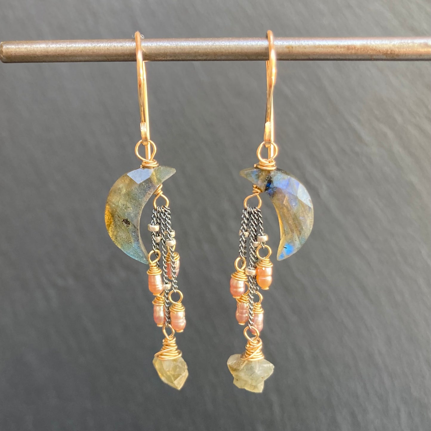 Labradorite, Mauve Pearl & Mixed Metal Falling Star Earrings