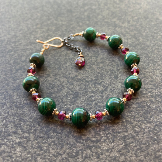 Malachite, Rhodolite & Mixed Metal Bracelet