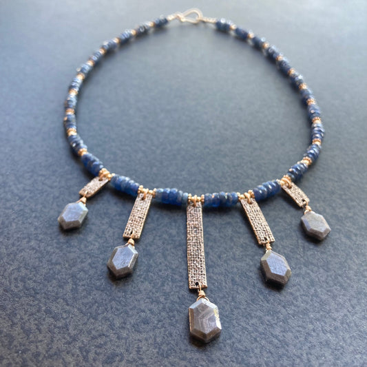 Madagascar Sapphire & Bronze Vintage Linen Bar Choker