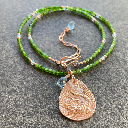 Chrome Diopside, Swiss Blue Topaz, Rose Gold & Bronze Everglades Pendant Choker