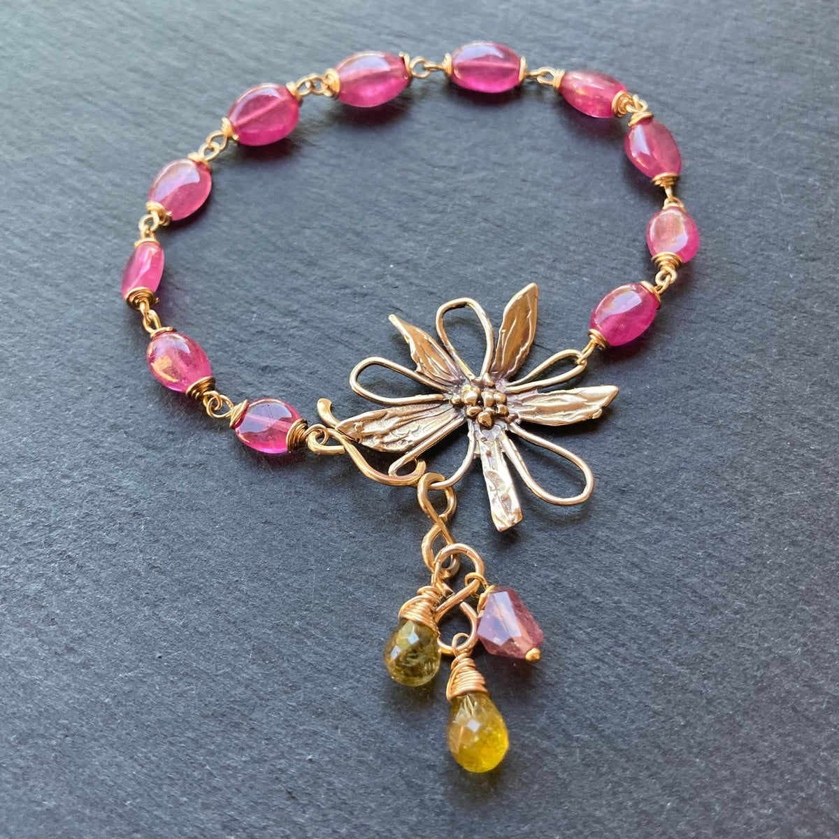 Pink Sapphire, Petro Tourmaline, Gold & Bronze Flower Link Bracelet