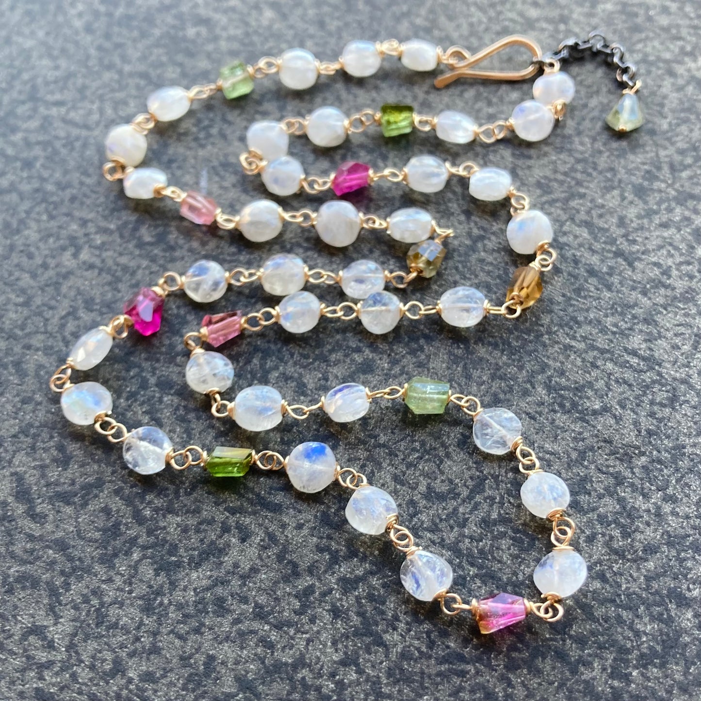 Rainbow Moonstone, Tourmaline & Gold Necklace