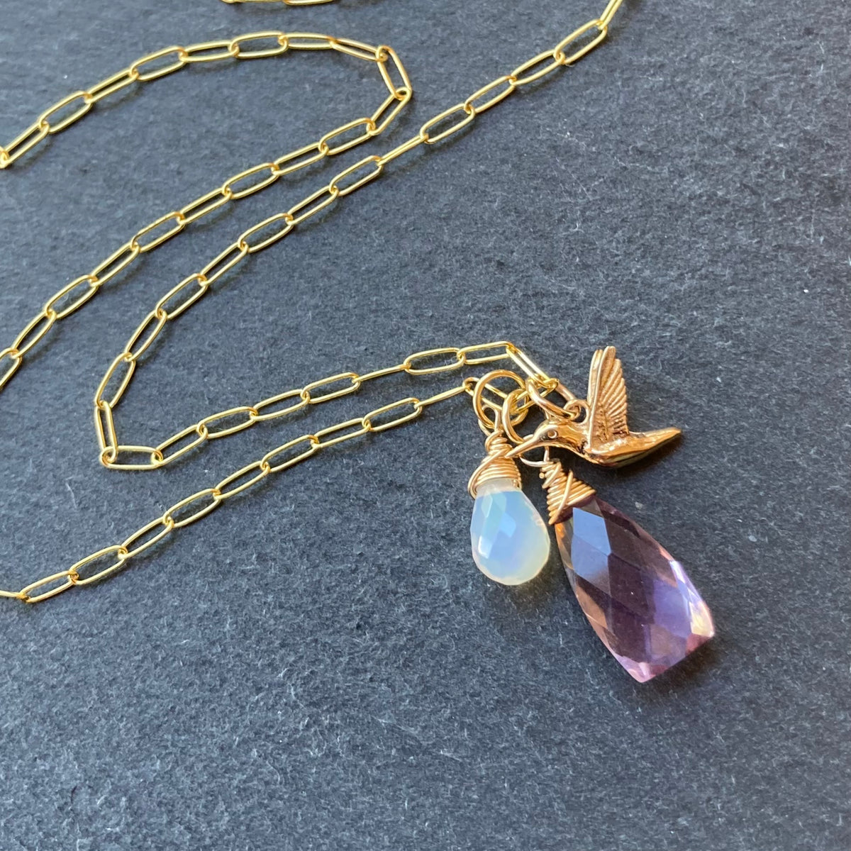 Pink Amethyst, Ethiopian Opal & Gold Hummingbird Charm Necklace