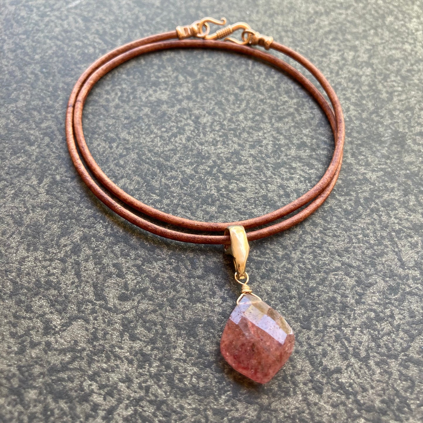 Strawberry Quartz & Bronze Leather Choker