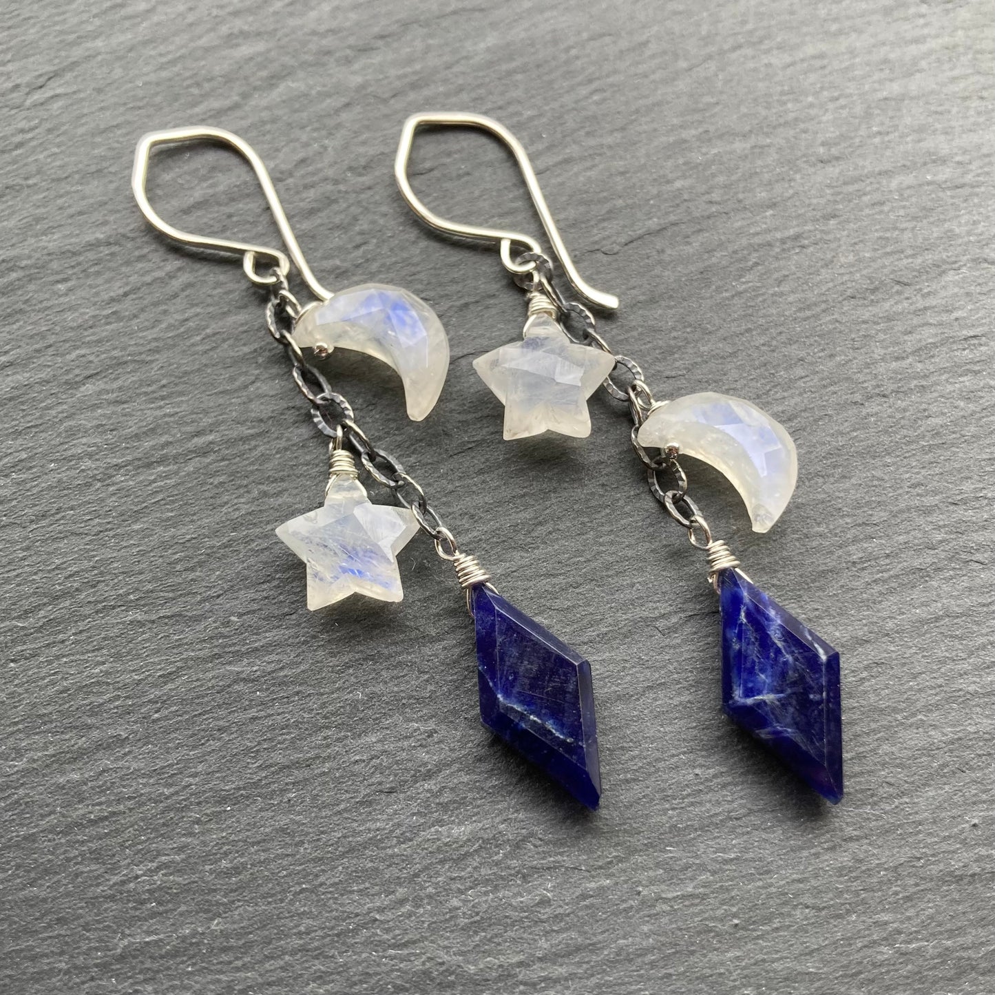 Rainbow Moonstone, Sodalite & Sterling Silver Alternate Universe Earrings