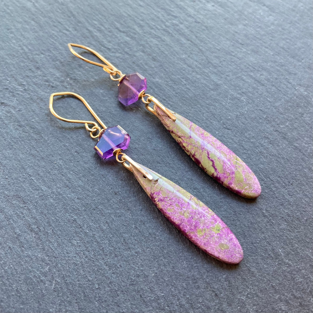 Atlantisite Stichtite, Amethyst & Gold Long Drop Earrings