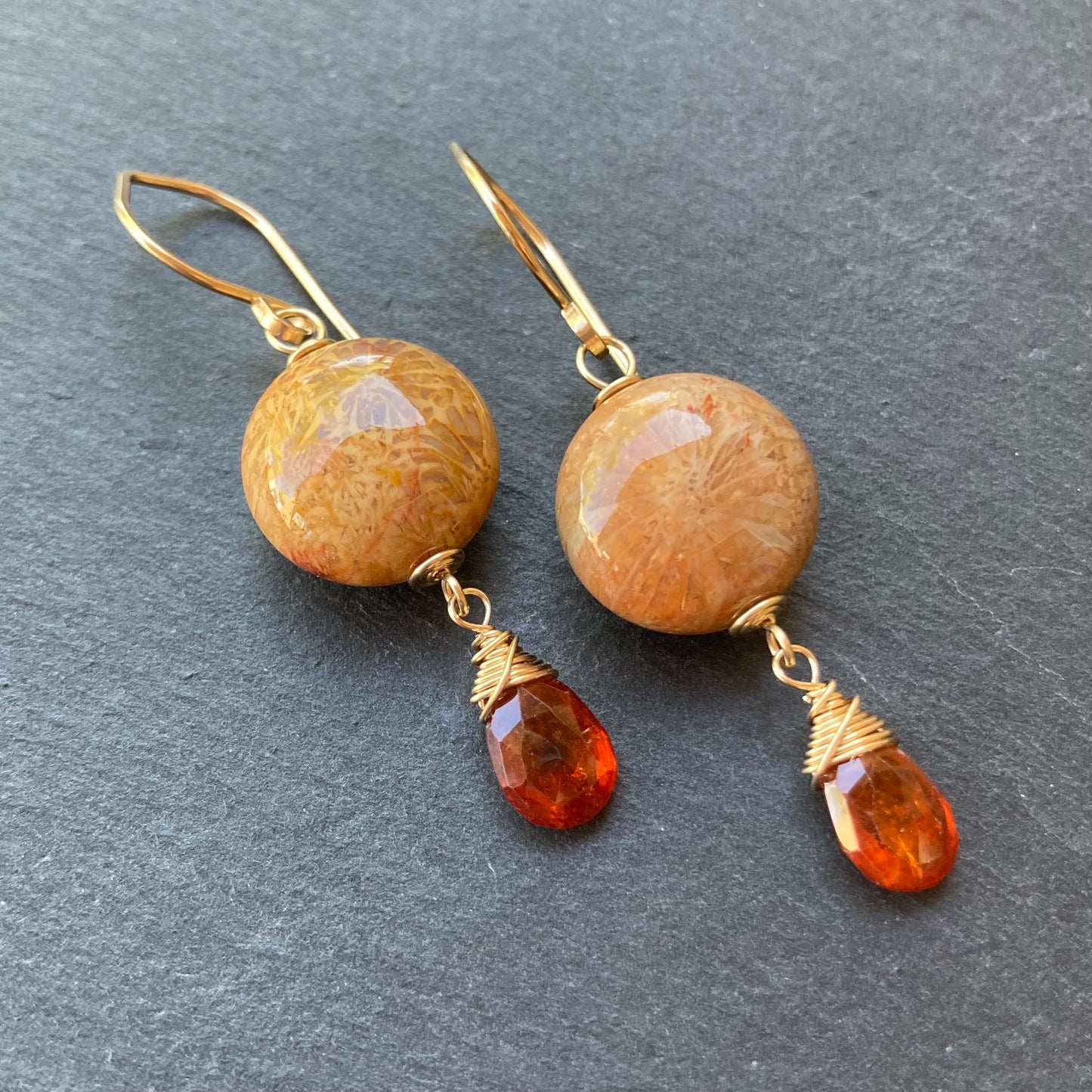Fossil Coral, Hessonite Garnet & Gold Earrings