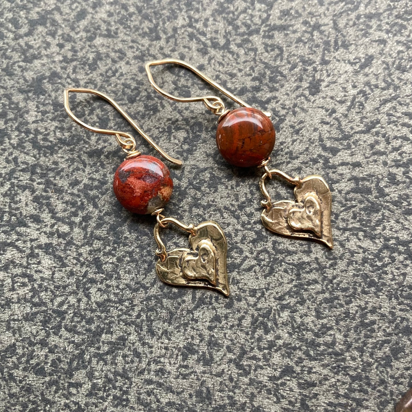 Apple Jasper, Gold & Bronze Heart Earrings