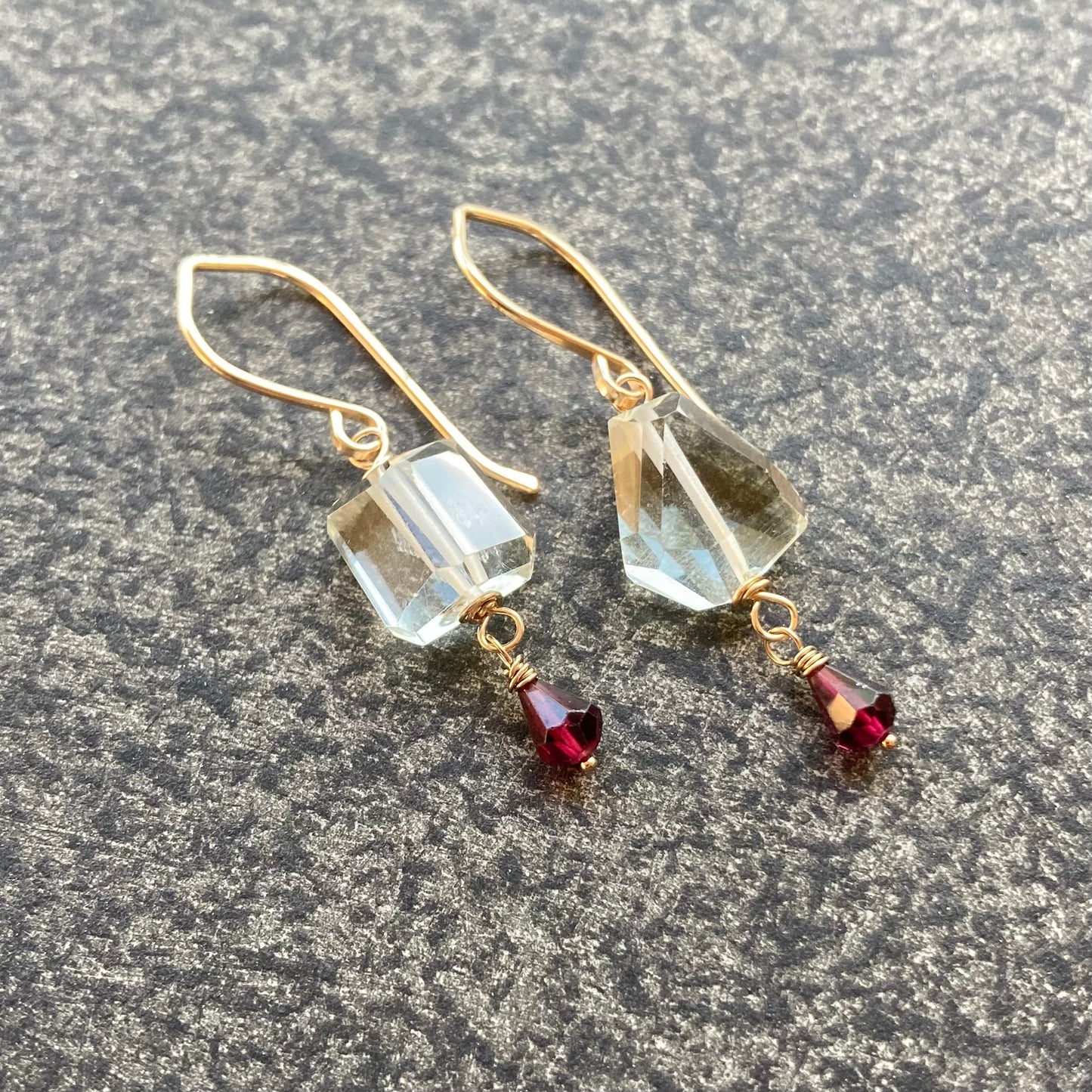 Prasiolite, Rhodilite & Gold Earrings