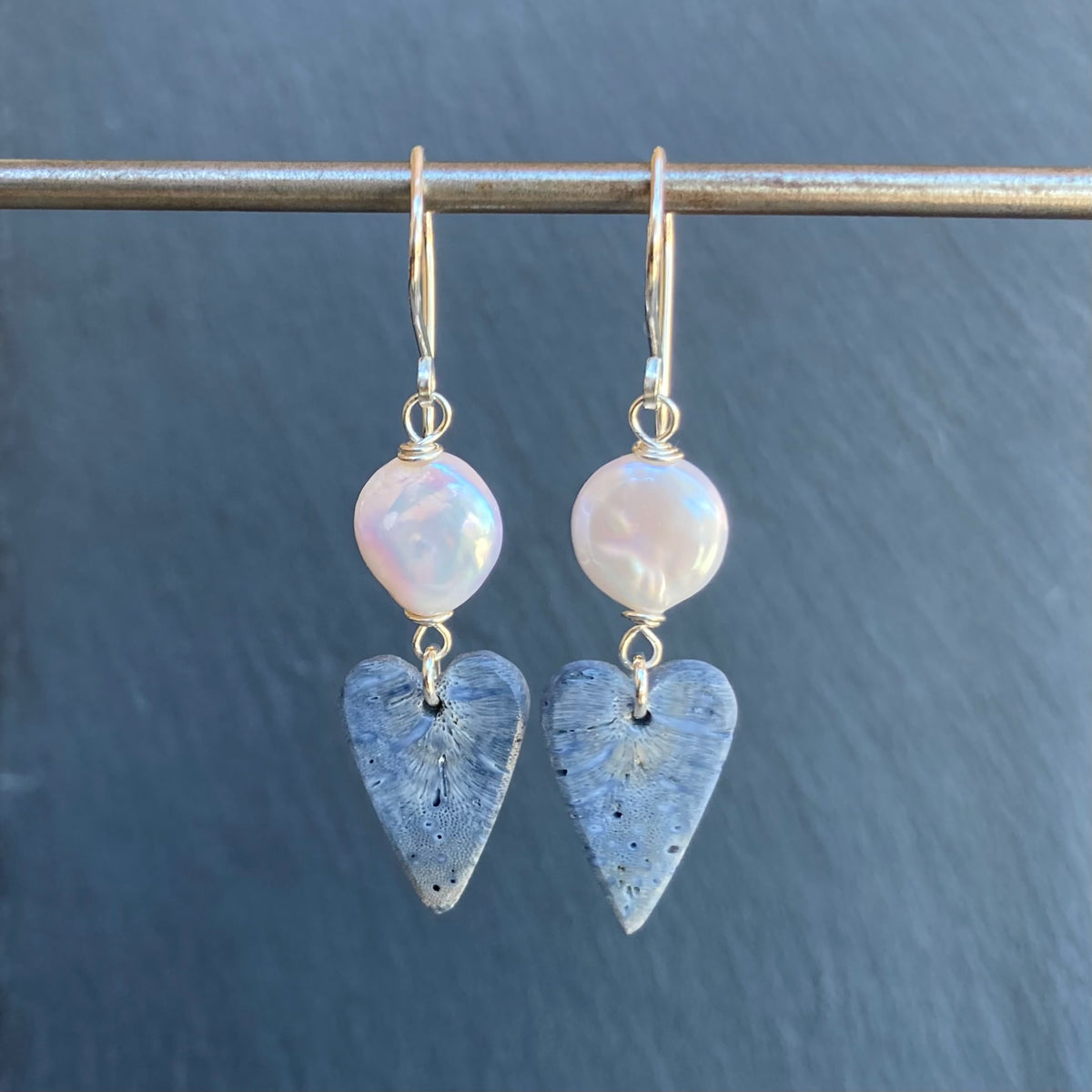 Freshwater Pearl, Sterling Silver & Blue Sponge Coral Heart Earrings